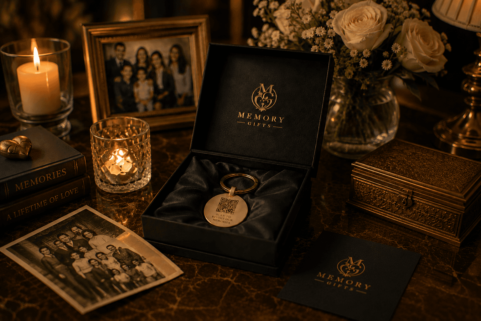 Memory Gifts premium box open on a table with candlelight and cherished photographs