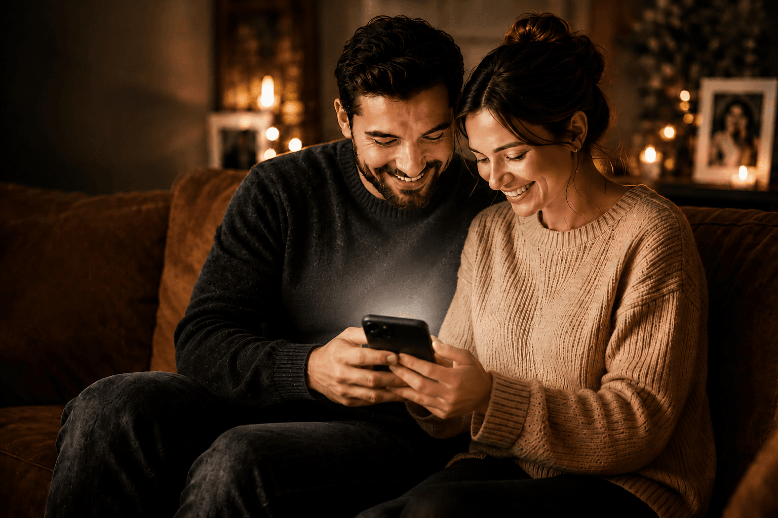 A couple opening a Memory Gifts box together in warm evening light