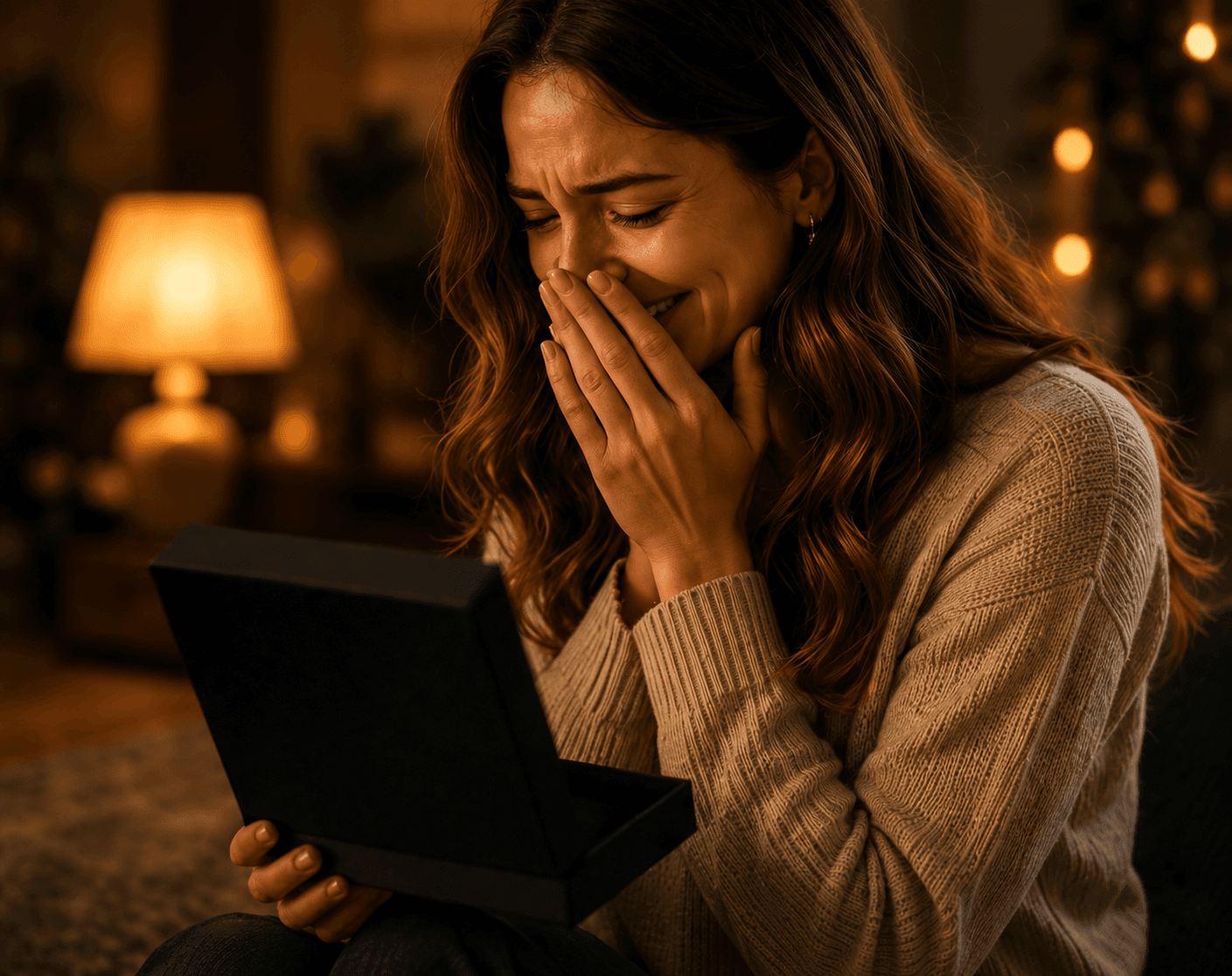 A woman moved to tears while opening a meaningful Memory Gifts moment