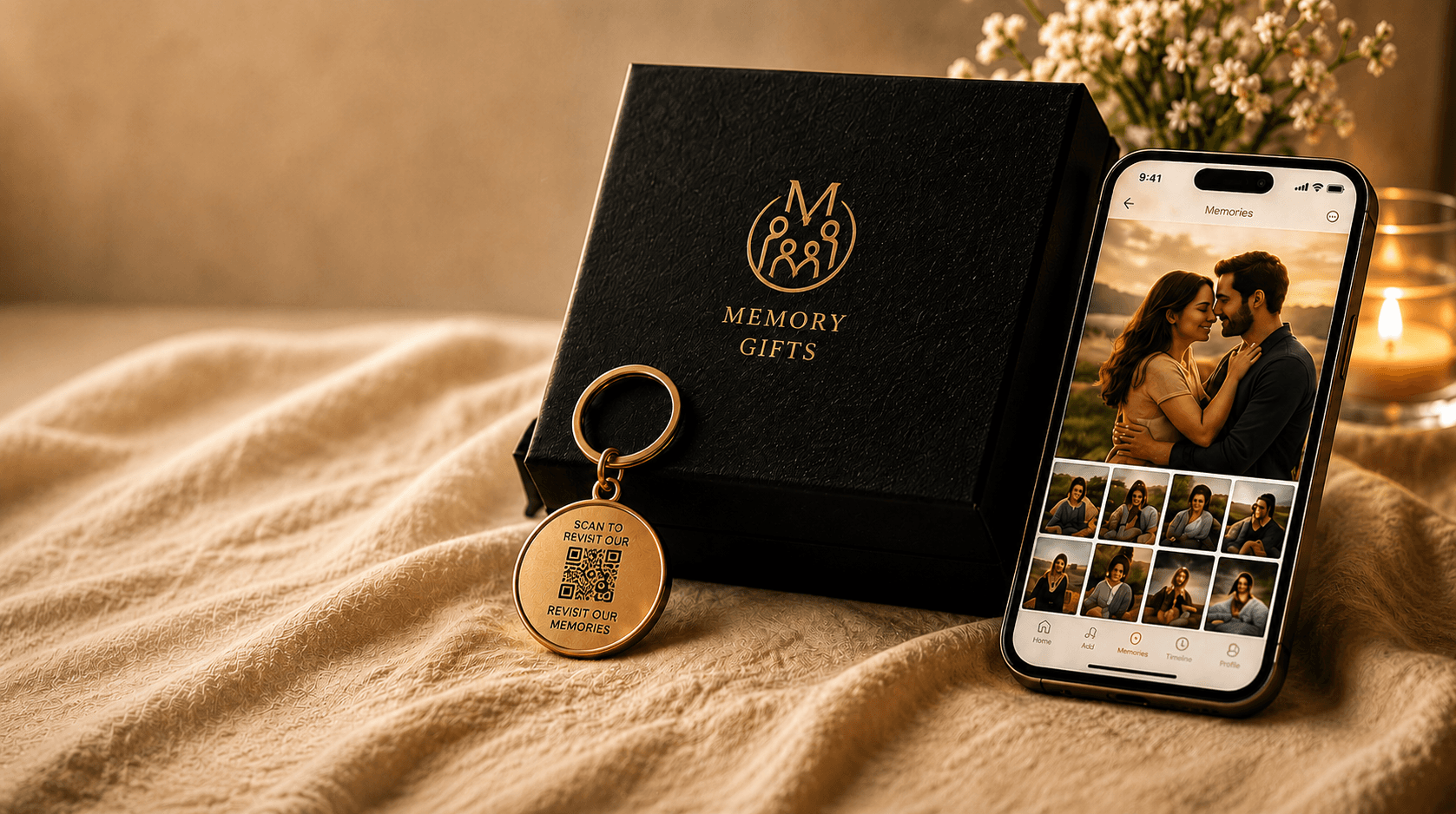 Memory Gift premium box with keepsake and phone displaying memories