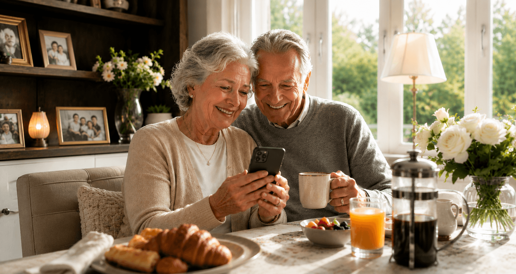 An older couple smiling warmly while looking at memories on a phone together at home