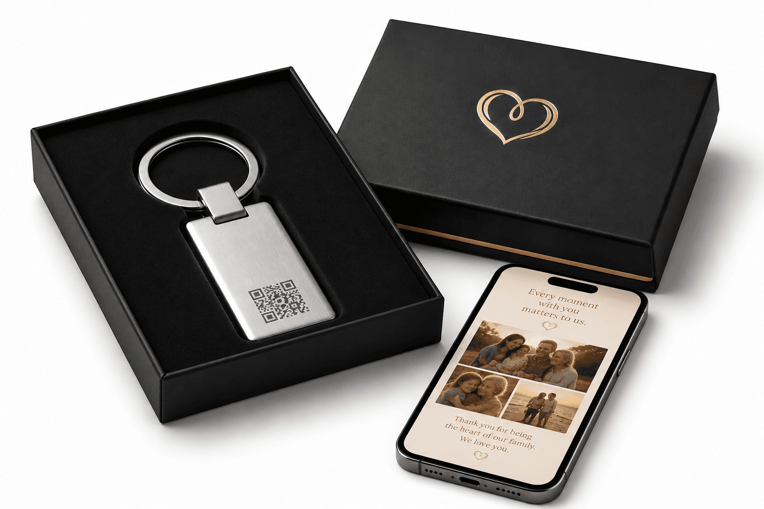 Memory Gifts keychain in a premium gift box beside a phone showing a private memory page